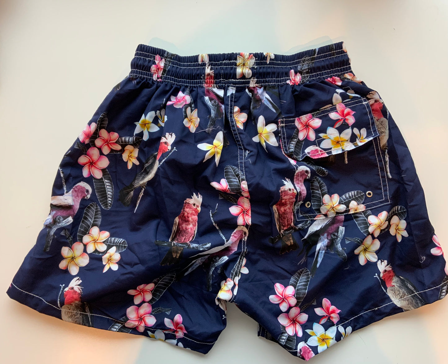 Galah, frangipani, blue shorts